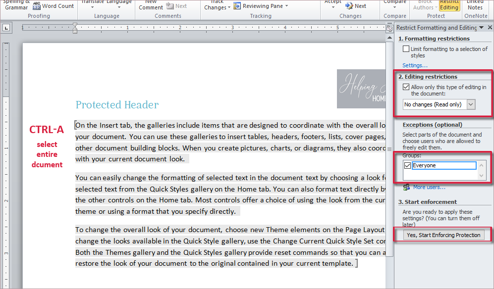 how to lock header and footer in word