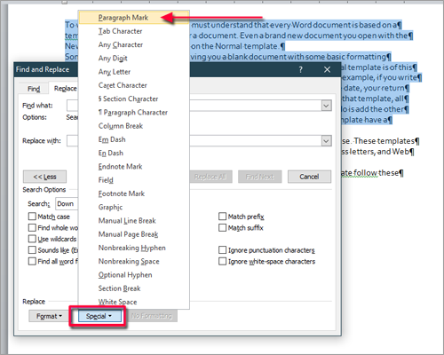 microsoft word find and replace carriage return